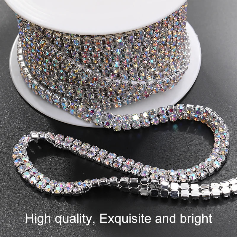 Acmore Crystal SS6-SS16 Crystal ab Stones Rhinestones Sew on Golden/white k Copper Claw Double Row Claw Cup Chain for Garment Jewelry