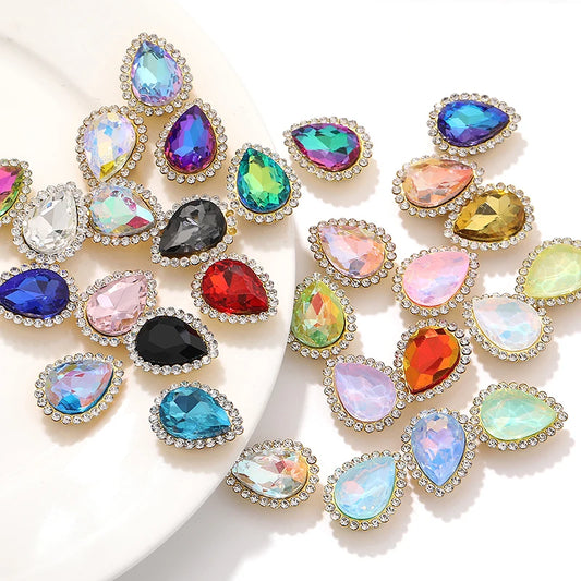 Acmore Crystal New Arrival Double-layers Drop Shape Flat Back Claw Rhinestones Golden Sunflower Sew-on Crystal Glass for Clothing