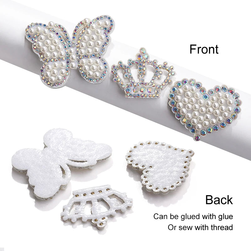 Acmore Crystal White Pearl Rhinestones  Crown Peach Heart Hot Fix Stickers Non-Woven Self-adhesive Patch Clothing DIY Accessories