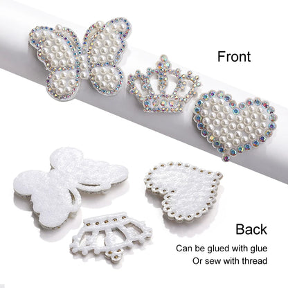 Acmore Crystal White Pearl Rhinestones  Crown Peach Heart Hot Fix Stickers Non-Woven Self-adhesive Patch Clothing DIY Accessories