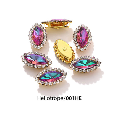 Acmore Crystal New Arrival Double-layers Navette Shape Flat Back Claw Rhinestones Golden Sunflower Sew-on Crystal Glass for Clothing