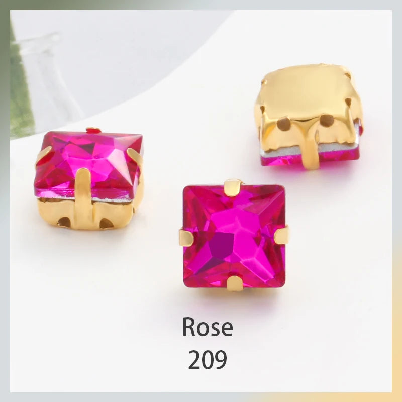 Acmore Crystal  Wholesale Colorful Sew on Stone Diamonds Square Shape Gold Claws Glass Rhinestones DIY Clothing Decorate