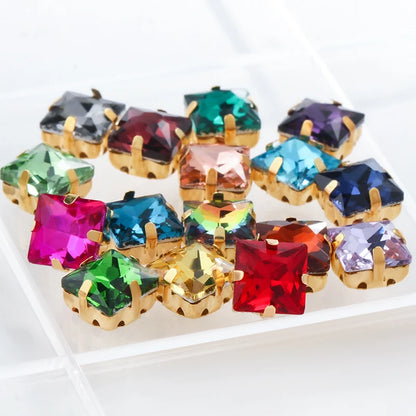 Acmore Crystal  Wholesale Colorful Sew on Stone Diamonds Square Shape Gold Claws Glass Rhinestones DIY Clothing Decorate