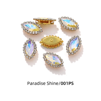 Acmore Crystal New Arrival Double-layers Navette Shape Flat Back Claw Rhinestones Golden Sunflower Sew-on Crystal Glass for Clothing