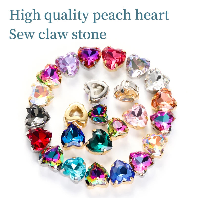 Crystal Ab Color Heart Shape Sewing Rhinestones With Golden Silver Claw Setting Peach Heart Hollow Claw Rhinestone