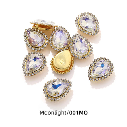 Acmore Crystal New Arrival Double-layers Drop Shape Flat Back Claw Rhinestones Golden Sunflower Sew-on Crystal Glass for Clothing