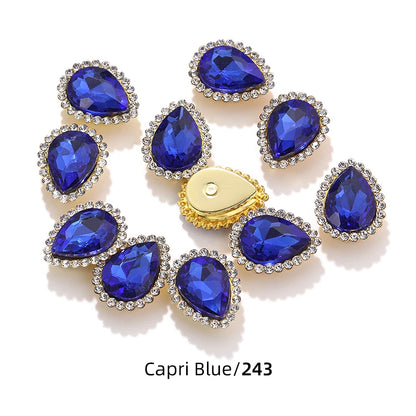 Acmore Crystal New Arrival Double-layers Drop Shape Flat Back Claw Rhinestones Golden Sunflower Sew-on Crystal Glass for Clothing