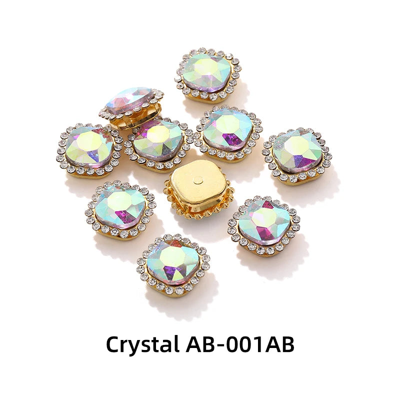Acmore Crystal New Arrival Double-layers Cushion Shape Flat Back Claw Rhinestones Golden Sunflower Sew-on Crystal Glass for Clothing