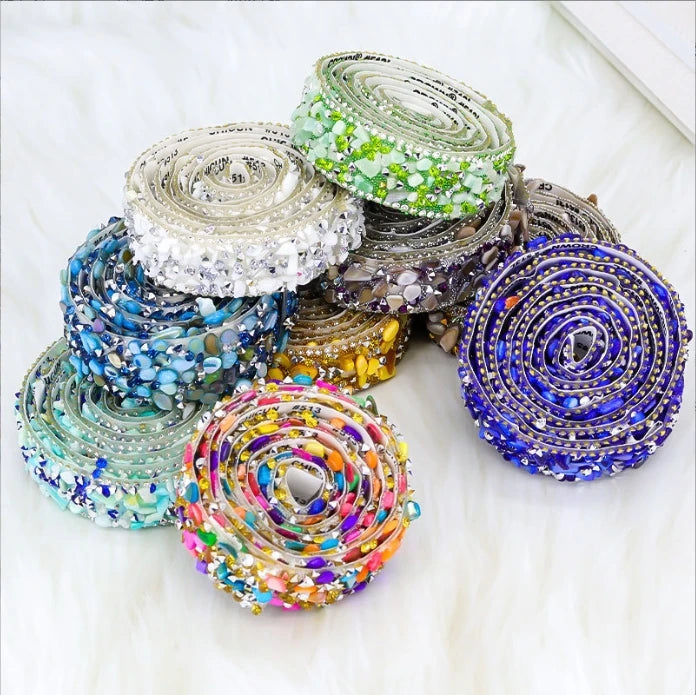 Acmore Crystal  Hot-Fix Gravel Tape 2cm Wide Rhinestone Chain Stone Cake Ribbon Trimming Wedding Decoration Sewing Accessories