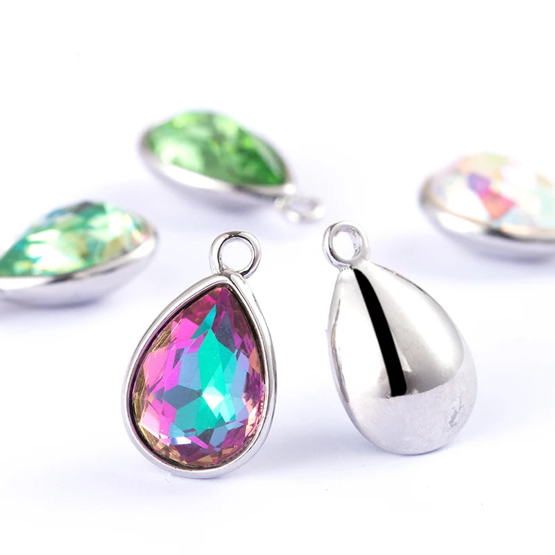 Acmore Crystal Drop Shaped Fancy Shiny Colors K9 Crystal Stones Alloy Back Pendant Necklace Deco Charms Jewelry Rhinestones Accessories