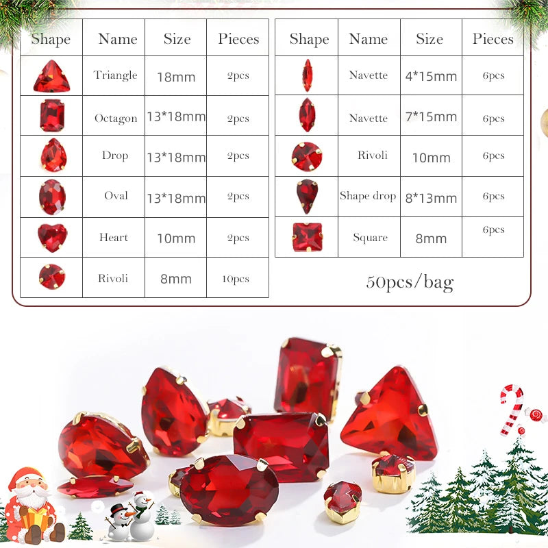 Acmore Crystal Christmas Theme Color Mixed Shapes Sew on Rhinestone With Golden Claw Setting DIY for Festival Decoration Accessories