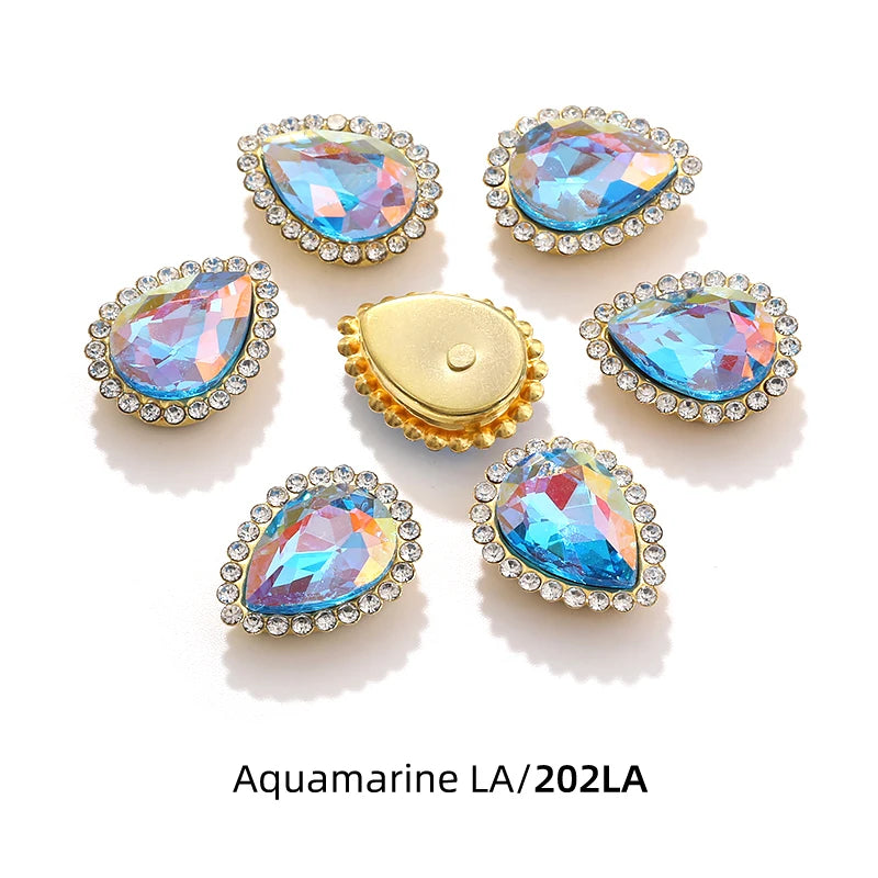 Acmore Crystal New Arrival Double-layers Drop Shape Flat Back Claw Rhinestones Golden Sunflower Sew-on Crystal Glass for Clothing