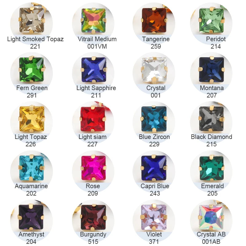 Acmore Crystal  Wholesale Colorful Sew on Stone Diamonds Square Shape Gold Claws Glass Rhinestones DIY Clothing Decorate