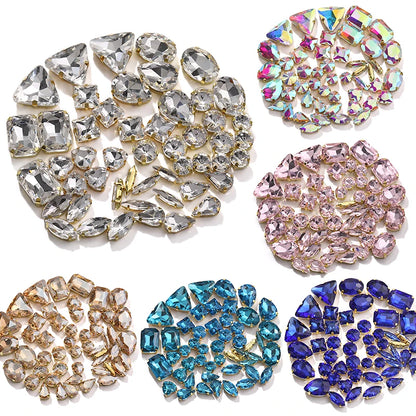 Acmore Crystal Factory Sale Mixed Shapes Crystal Glass Sew on Rhinestone With Gold Claw for DIY Jewelry Hair Clips Wedding Dress
