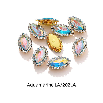 Acmore Crystal New Arrival Double-layers Navette Shape Flat Back Claw Rhinestones Golden Sunflower Sew-on Crystal Glass for Clothing