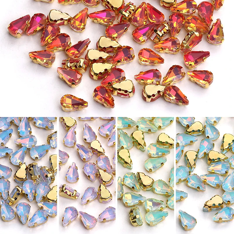 Acmore Crystal Wholesale 6*10mm Teardrop Shape Opal MI Series Sew on Rhinestones  With Golden & Sliver Claw With Garment Accessories