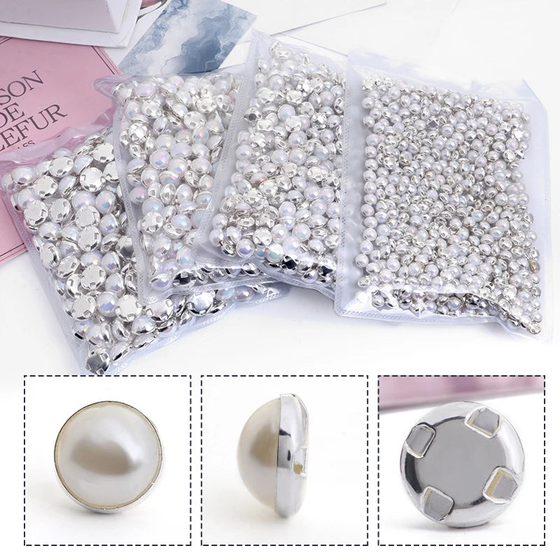 Acmore Crystal Newest Round Shape Stainless Steel Clawless Edging Flat Back Decoration Wholesale in Bulk Pearl DIY Sew Accessories