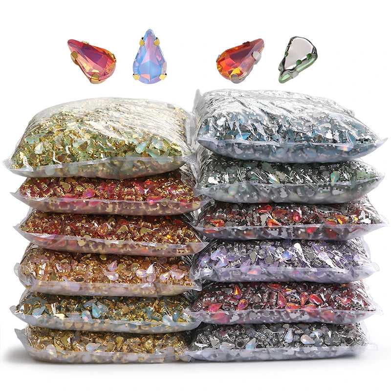 Acmore Crystal Wholesale 6*10mm Teardrop Shape Opal MI Series Sew on Rhinestones  With Golden & Sliver Claw With Garment Accessories