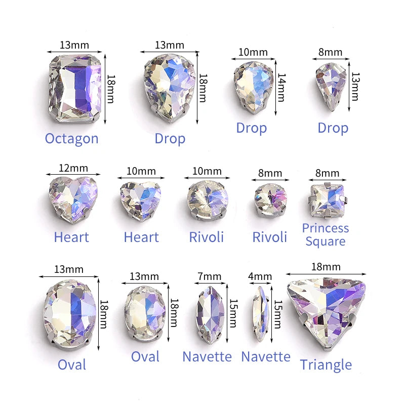 Acmore Crystal Moonlight Mixed Shapes Sew on Rhinestone With Silver Claw Setting DIY for Festival Decoration Accessories
