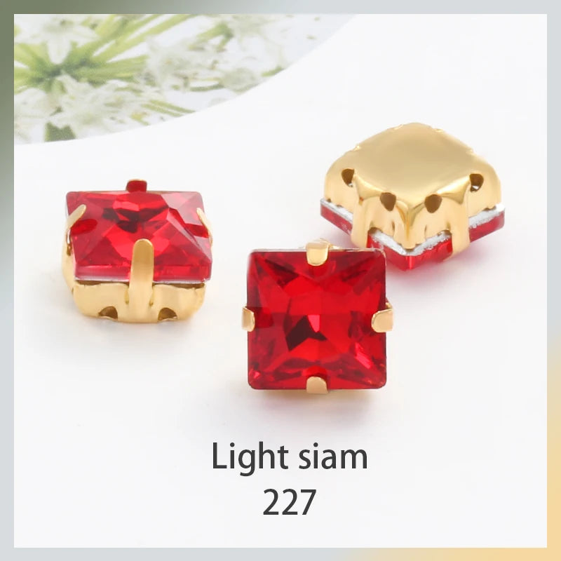 Acmore Crystal  Wholesale Colorful Sew on Stone Diamonds Square Shape Gold Claws Glass Rhinestones DIY Clothing Decorate