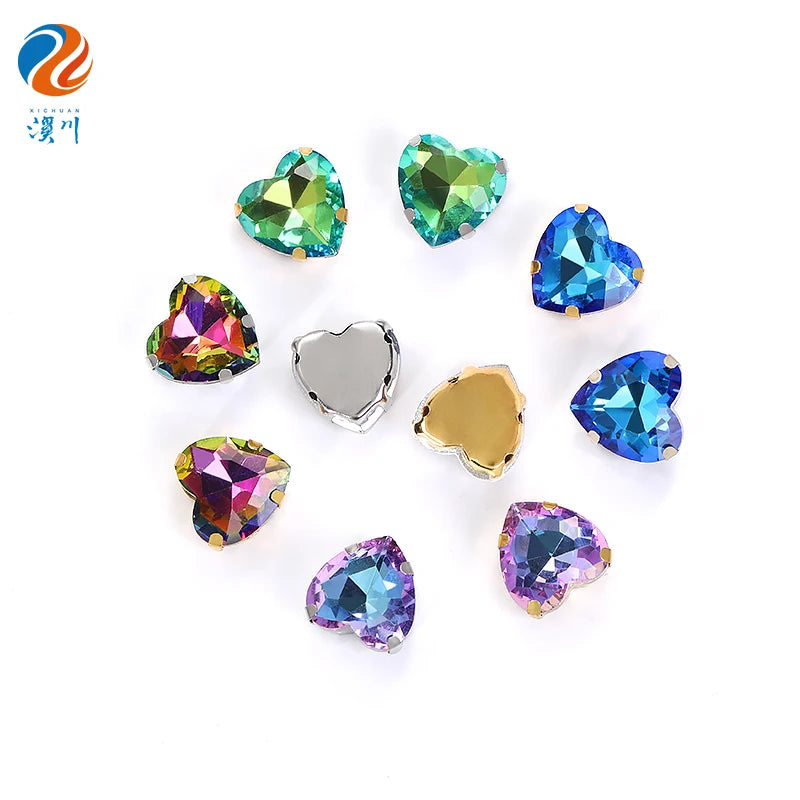 Acmore Crystal Rhinestones Flat Back Glass Crystal Heart Shape AB Diamond Sew on Rhinestone With Claw