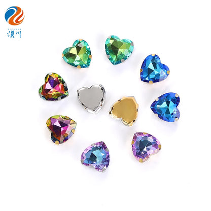 Acmore Crystal Rhinestones Flat Back Glass Crystal Heart Shape AB Diamond Sew on Rhinestone With Claw