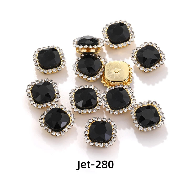Acmore Crystal New Arrival Double-layers Cushion Shape Flat Back Claw Rhinestones Golden Sunflower Sew-on Crystal Glass for Clothing