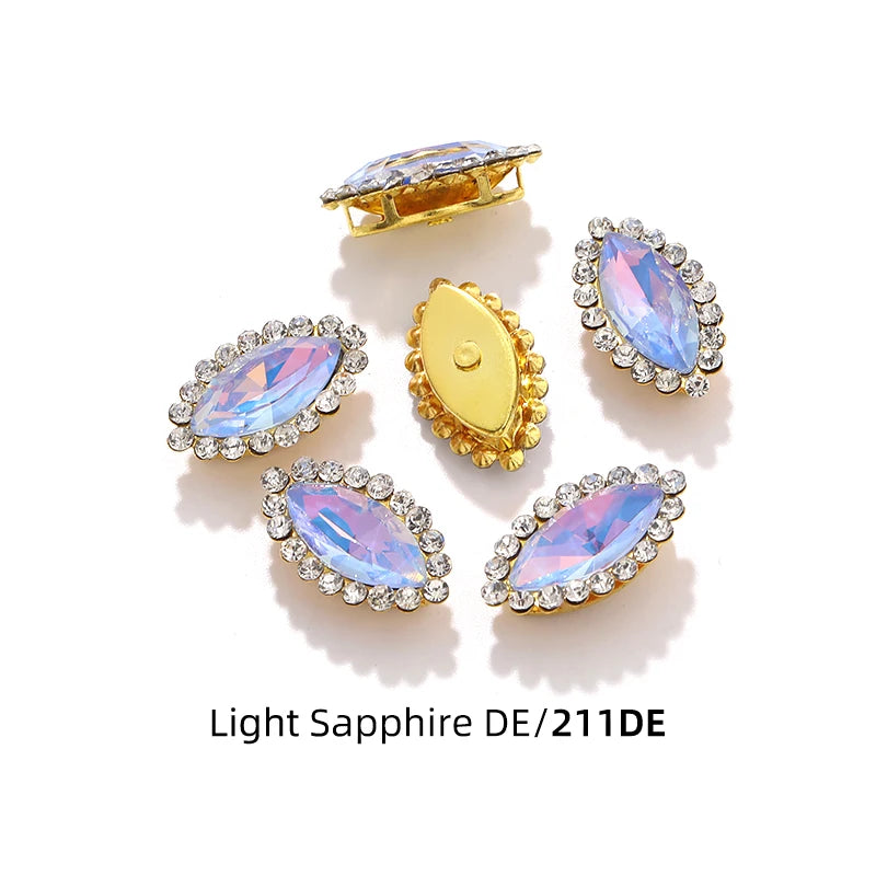 Acmore Crystal New Arrival Double-layers Navette Shape Flat Back Claw Rhinestones Golden Sunflower Sew-on Crystal Glass for Clothing