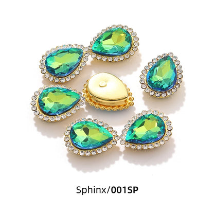 Acmore Crystal New Arrival Double-layers Drop Shape Flat Back Claw Rhinestones Golden Sunflower Sew-on Crystal Glass for Clothing