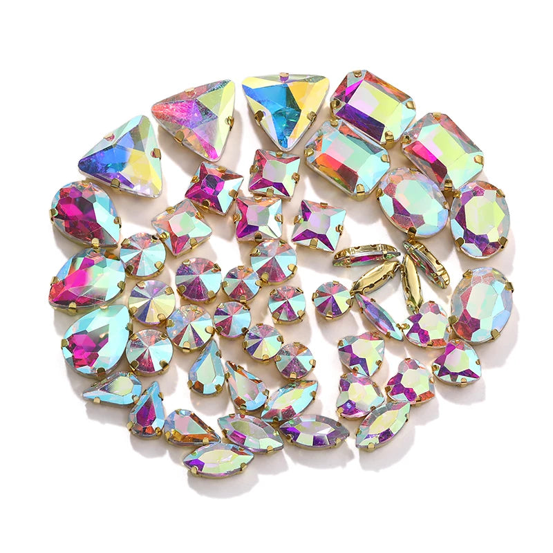 Acmore Crystal Factory Sale Mixed Shapes Crystal Glass Sew on Rhinestone With Gold Claw for DIY Jewelry Hair Clips Wedding Dress