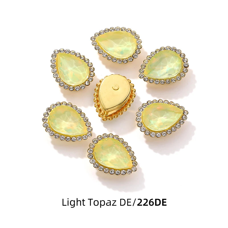 Acmore Crystal New Arrival Double-layers Drop Shape Flat Back Claw Rhinestones Golden Sunflower Sew-on Crystal Glass for Clothing