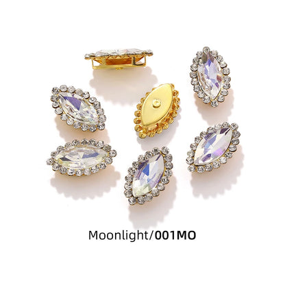 Acmore Crystal New Arrival Double-layers Navette Shape Flat Back Claw Rhinestones Golden Sunflower Sew-on Crystal Glass for Clothing