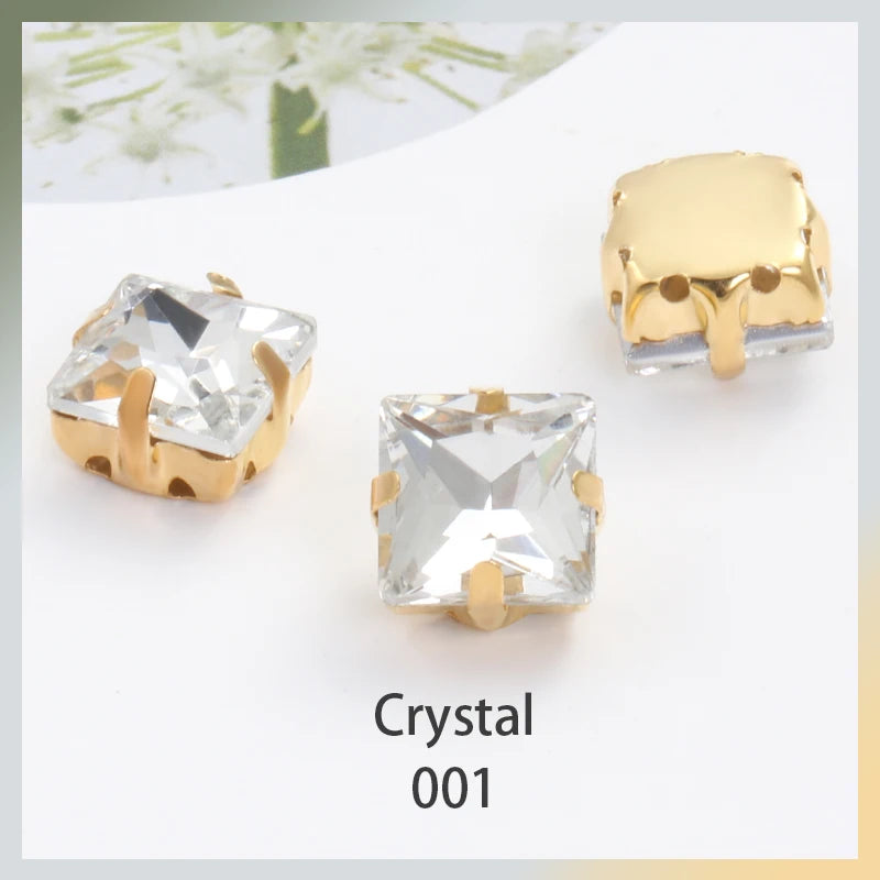 Acmore Crystal  Wholesale Colorful Sew on Stone Diamonds Square Shape Gold Claws Glass Rhinestones DIY Clothing Decorate