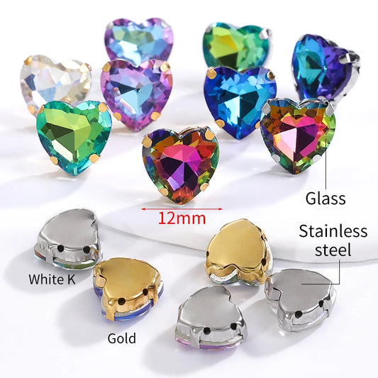 Acmore Crystal Rhinestones Flat Back Glass Crystal Heart Shape AB Diamond Sew on Rhinestone With Claw
