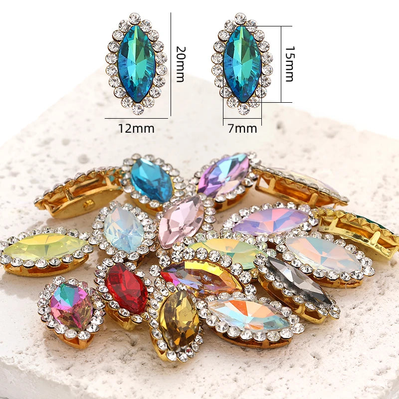 Acmore Crystal New Arrival Double-layers Navette Shape Flat Back Claw Rhinestones Golden Sunflower Sew-on Crystal Glass for Clothing