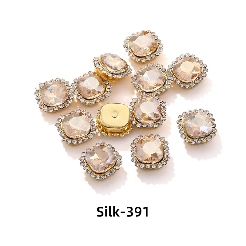 Acmore Crystal New Arrival Double-layers Cushion Shape Flat Back Claw Rhinestones Golden Sunflower Sew-on Crystal Glass for Clothing