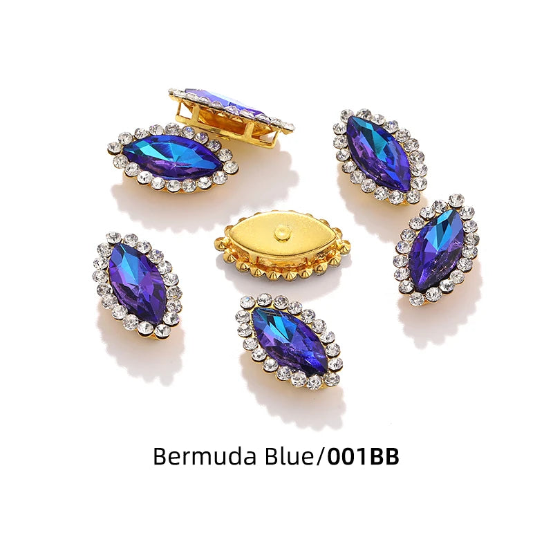 Acmore Crystal New Arrival Double-layers Navette Shape Flat Back Claw Rhinestones Golden Sunflower Sew-on Crystal Glass for Clothing