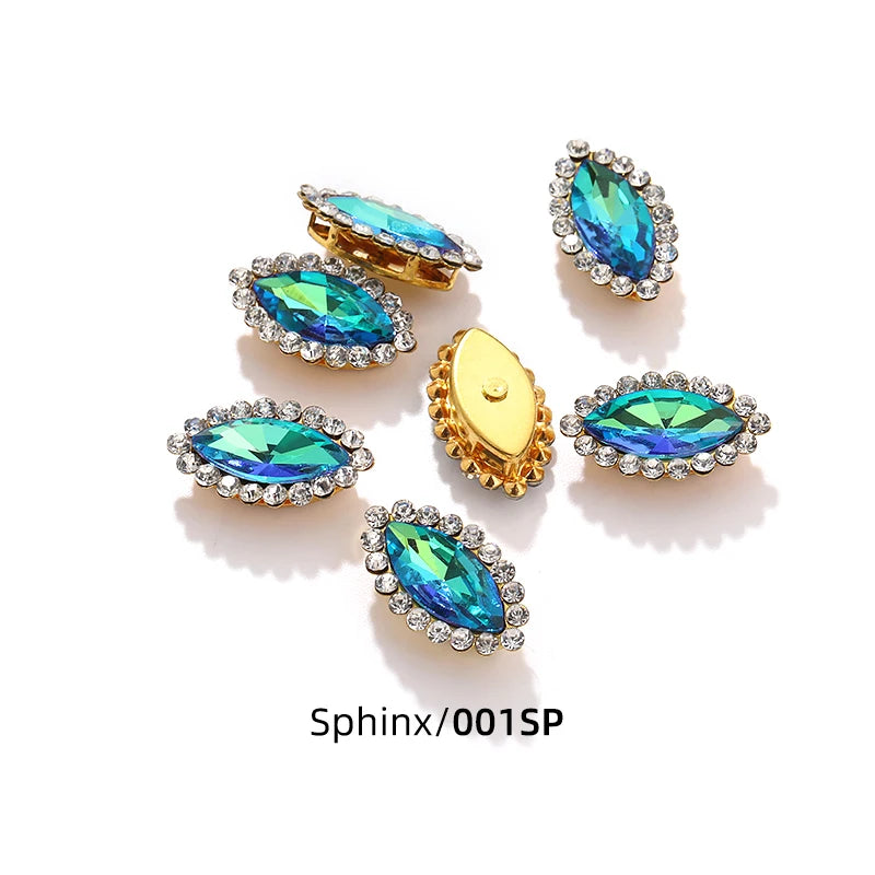 Acmore Crystal New Arrival Double-layers Navette Shape Flat Back Claw Rhinestones Golden Sunflower Sew-on Crystal Glass for Clothing