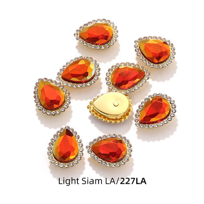 Acmore Crystal New Arrival Double-layers Drop Shape Flat Back Claw Rhinestones Golden Sunflower Sew-on Crystal Glass for Clothing
