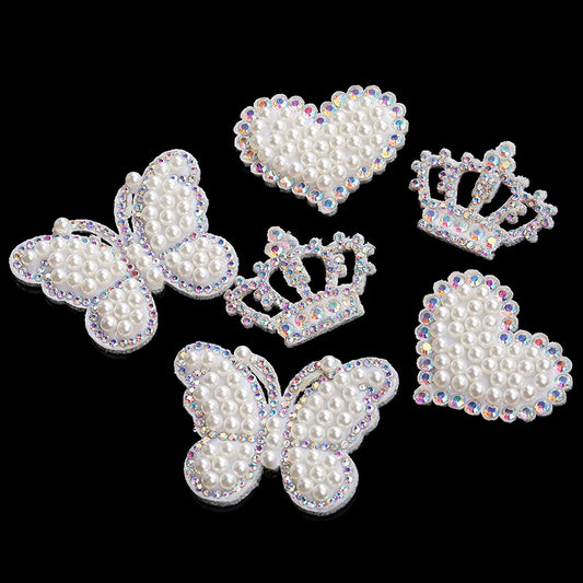 Acmore Crystal White Pearl Rhinestones  Crown Peach Heart Hot Fix Stickers Non-Woven Self-adhesive Patch Clothing DIY Accessories