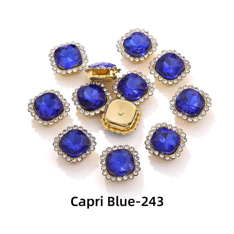 Acmore Crystal New Arrival Double-layers Cushion Shape Flat Back Claw Rhinestones Golden Sunflower Sew-on Crystal Glass for Clothing