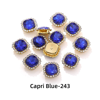 Acmore Crystal New Arrival Double-layers Cushion Shape Flat Back Claw Rhinestones Golden Sunflower Sew-on Crystal Glass for Clothing
