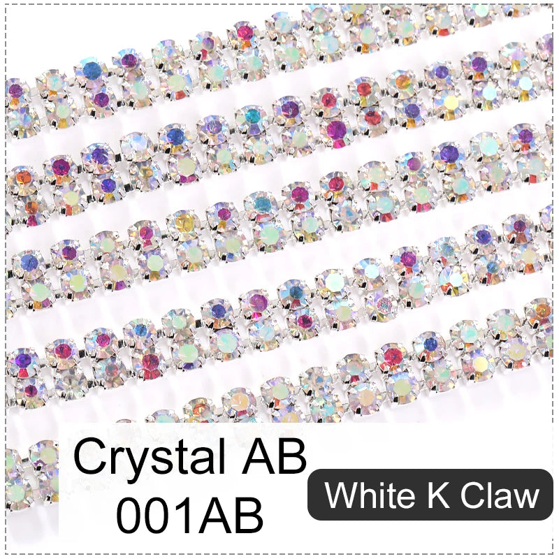 Acmore Crystal SS6-SS16 Crystal ab Stones Rhinestones Sew on Golden/white k Copper Claw Double Row Claw Cup Chain for Garment Jewelry