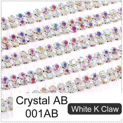 Acmore Crystal SS6-SS16 Crystal ab Stones Rhinestones Sew on Golden/white k Copper Claw Double Row Claw Cup Chain for Garment Jewelry