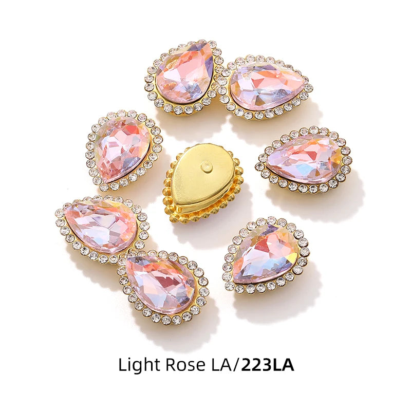 Acmore Crystal New Arrival Double-layers Drop Shape Flat Back Claw Rhinestones Golden Sunflower Sew-on Crystal Glass for Clothing