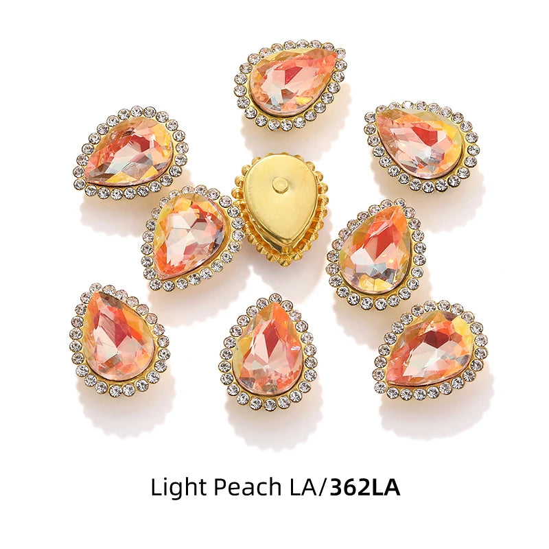 Acmore Crystal New Arrival Double-layers Drop Shape Flat Back Claw Rhinestones Golden Sunflower Sew-on Crystal Glass for Clothing