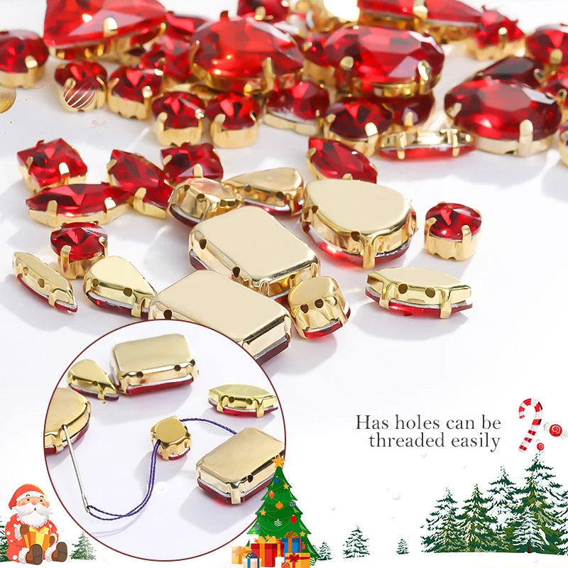 Acmore Crystal Christmas Theme Color Mixed Shapes Sew on Rhinestone With Golden Claw Setting DIY for Festival Decoration Accessories