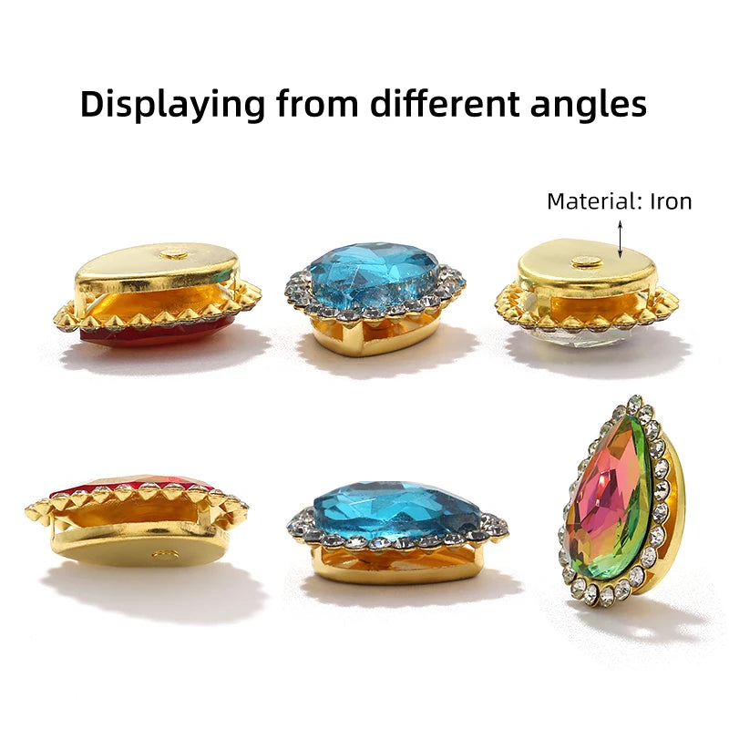 Acmore Crystal New Arrival Double-layers Drop Shape Flat Back Claw Rhinestones Golden Sunflower Sew-on Crystal Glass for Clothing