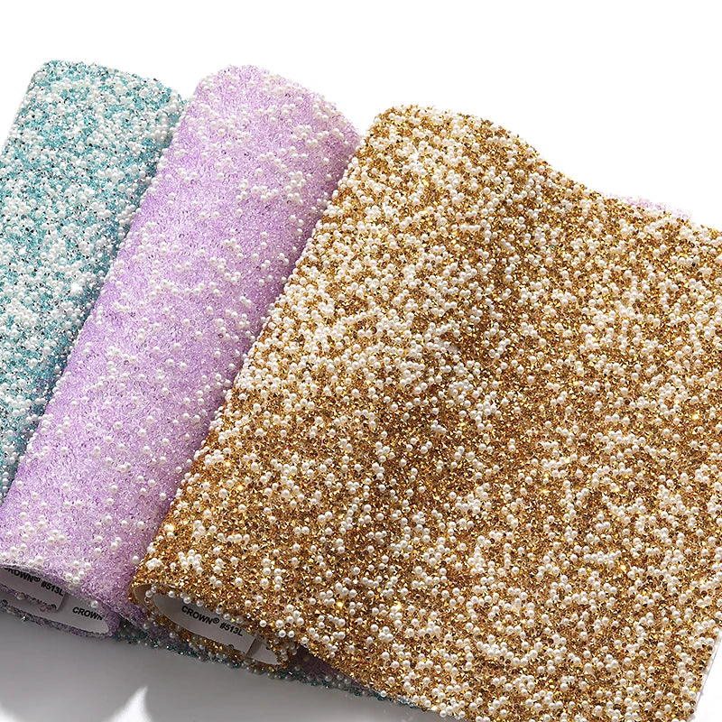 Acmore Crystal 24*40CM Pearl Mesh Trimming Net Colorful Resin Best Rhinestone DIY Purse Applique  for Wedding & Dress