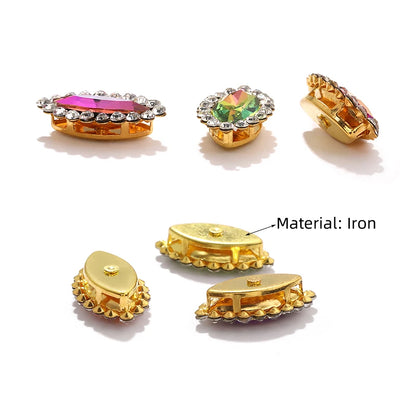 Acmore Crystal New Arrival Double-layers Navette Shape Flat Back Claw Rhinestones Golden Sunflower Sew-on Crystal Glass for Clothing